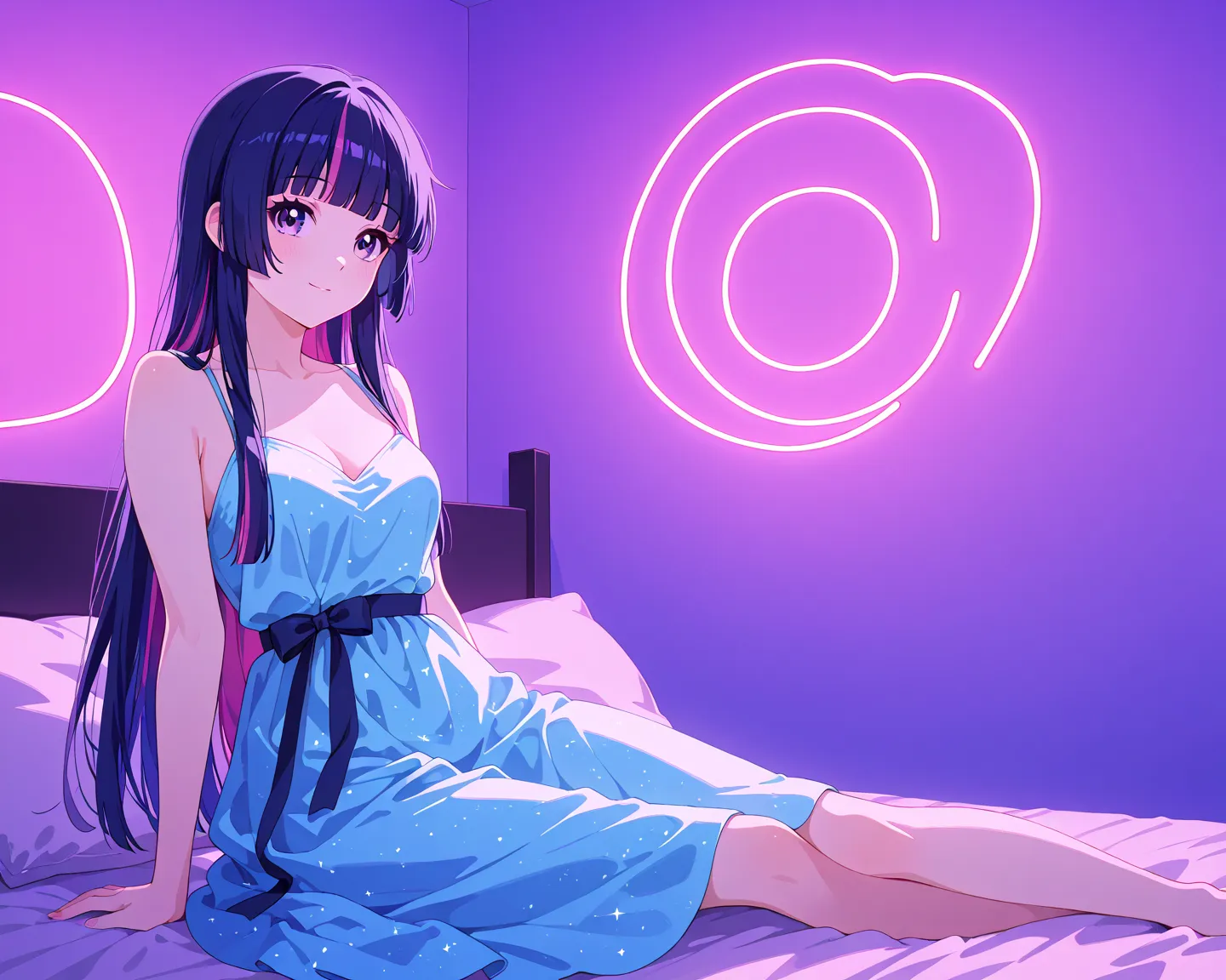 Twilight sparkle dress sitting on a bed in a neon room , Human, detailed cutie face,  long blue hair, photorealism, high resolution,  Sexy