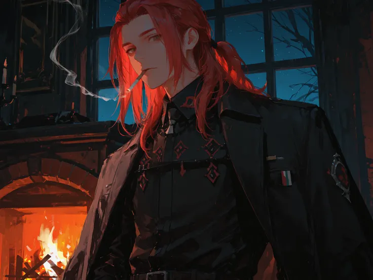 upper shot, dutch angle, looking at viewer, makes an aesthetic, Master piece, Best Quality, ultra detailed, a handsome man, (man:1.5), solo, male long Hair, red hair, male slicked back hair, male low pony-tail, looking down, light smiling, toned, fantasy-s...