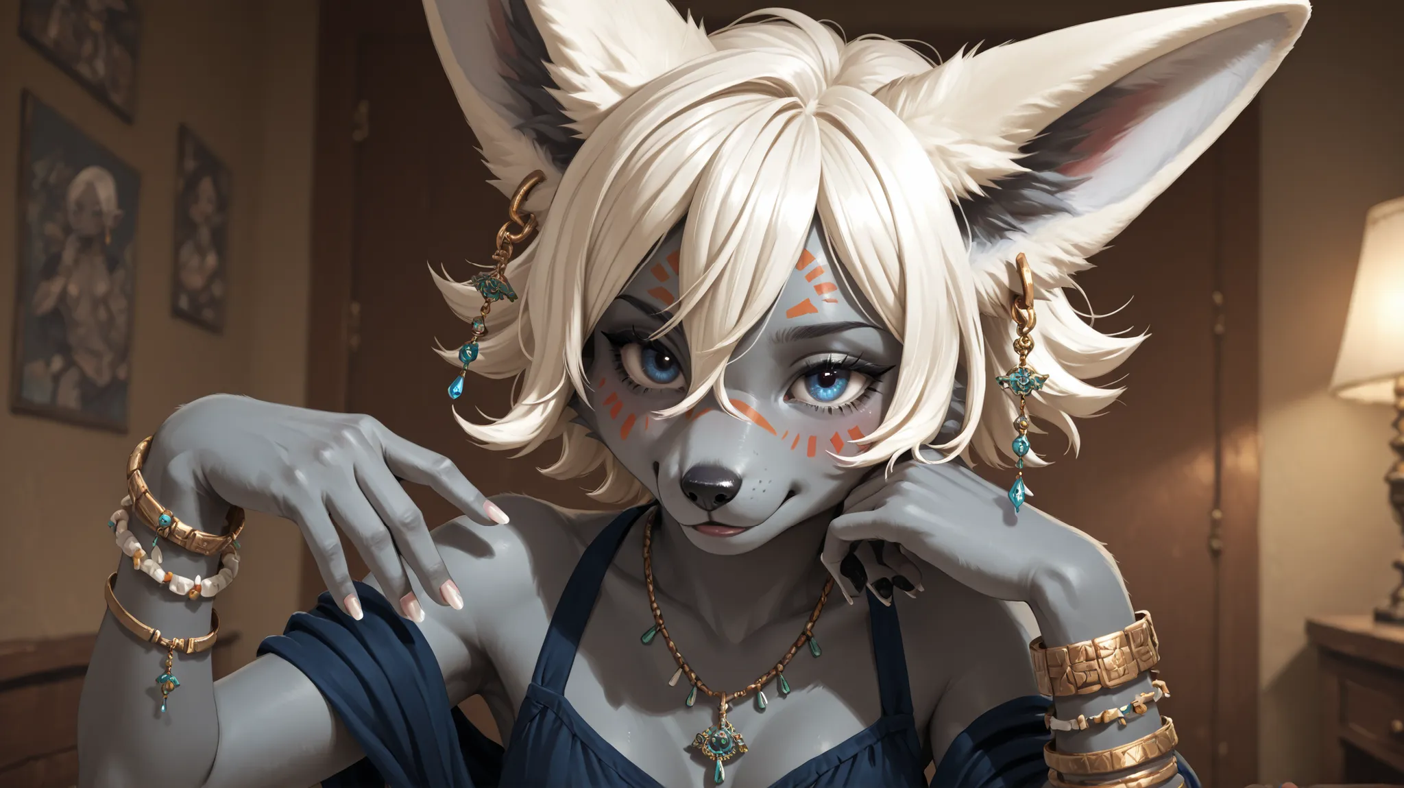 womanhood、jewelry、Fennec's Ears、necklace、Grey Skin、short hair、white hair、White Ear、earring、Blue Eyes、furry、 face mark 、finger nail、bracelet、