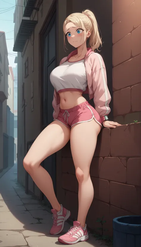 Kurashiki Reina, 
最high quality, masterpiece, Highly detailed, high quality, high resolution, girls, Blonde, ponytail blue eyes,  beautiful ,  beautiful  and perfect face, nervous, Watch your viewers, Pink gym wear,  pink shorts , pink sports jacket, colla...
