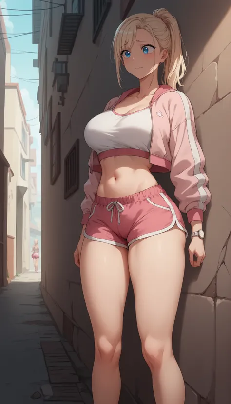 Kurashiki Reina, 
最high quality, masterpiece, Highly detailed, high quality, high resolution, girls, Blonde, ponytail blue eyes,  beautiful ,  beautiful  and perfect face, nervous, Watch your viewers, Pink gym wear,  pink shorts , pink sports jacket, colla...