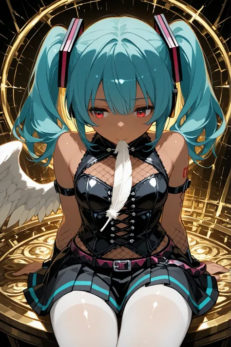 Hatsune Miku,1 girl\(summer \(Beatmania IIDX\)\),  gold, braids, chest, , Shallow Skin Women, feather, Stare, medium chest,  medium hair, Thailand, Red Eyes, Single Wing , Sitting, solo, Up to the thighs , Both Sides Up, warm colors, white Up to the thighs...