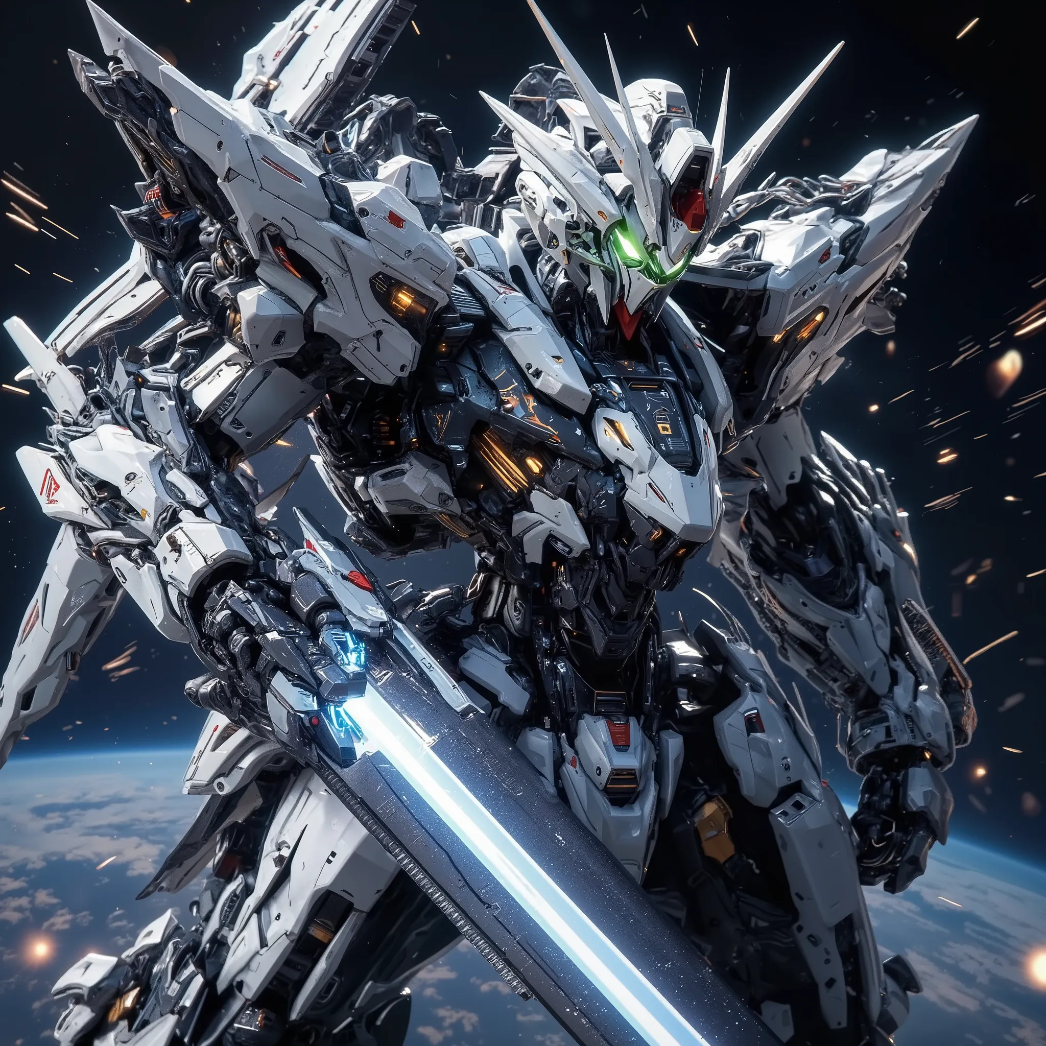 full body shot of a robot like Freedom Gundam,,high resolution photorealistic３D rendering style ,hyperrealism art,   mechanical details of Freedom Gundam's face, ４white antenna ,V-shaped fins,  green_glowing dual eyes, precise white armor, Chest armor is g...