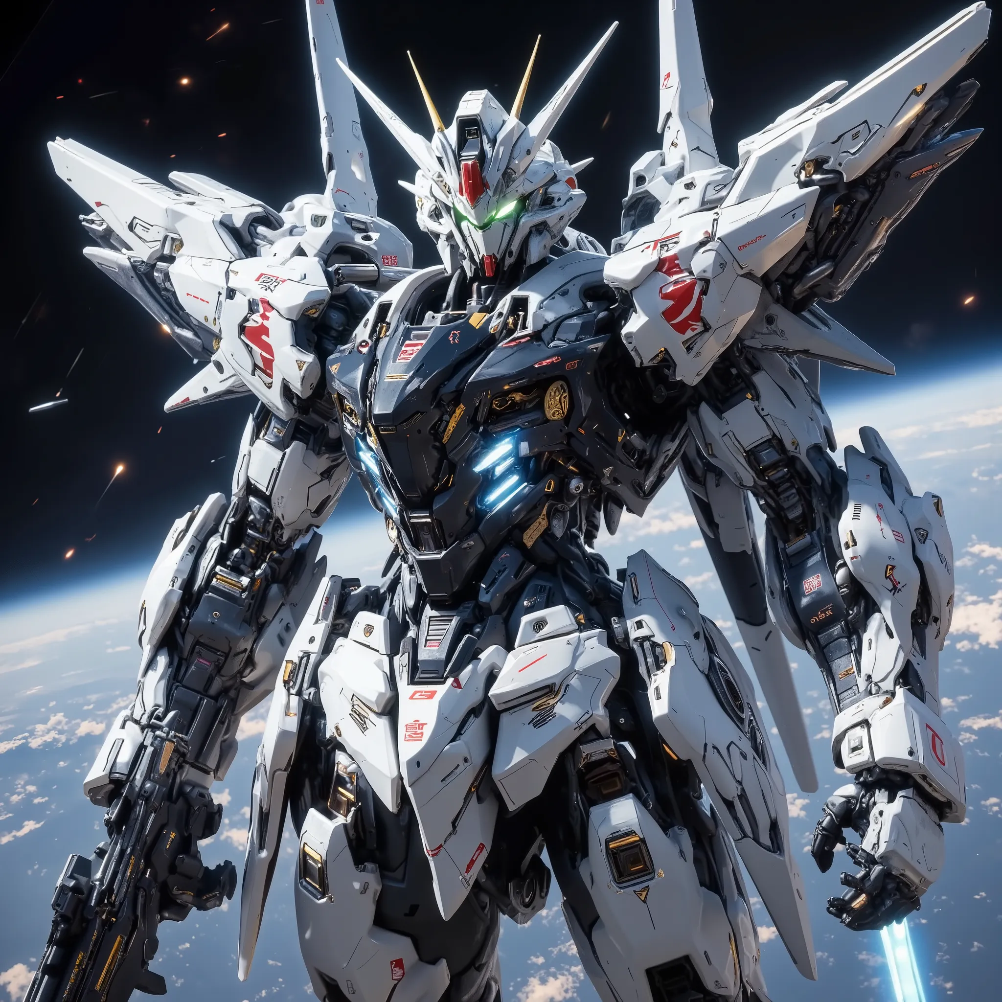 フリーダムガンダムのようなロボットのFull Bodyショット,Full Body,high resolution photorealistic３D rendering style ,hyperrealism art,   mechanical details of Freedom Gundam's face, ４white antenna ,V-shaped fins,  green_glowing dual eyes, precise white armor, Chest armor is glossy...