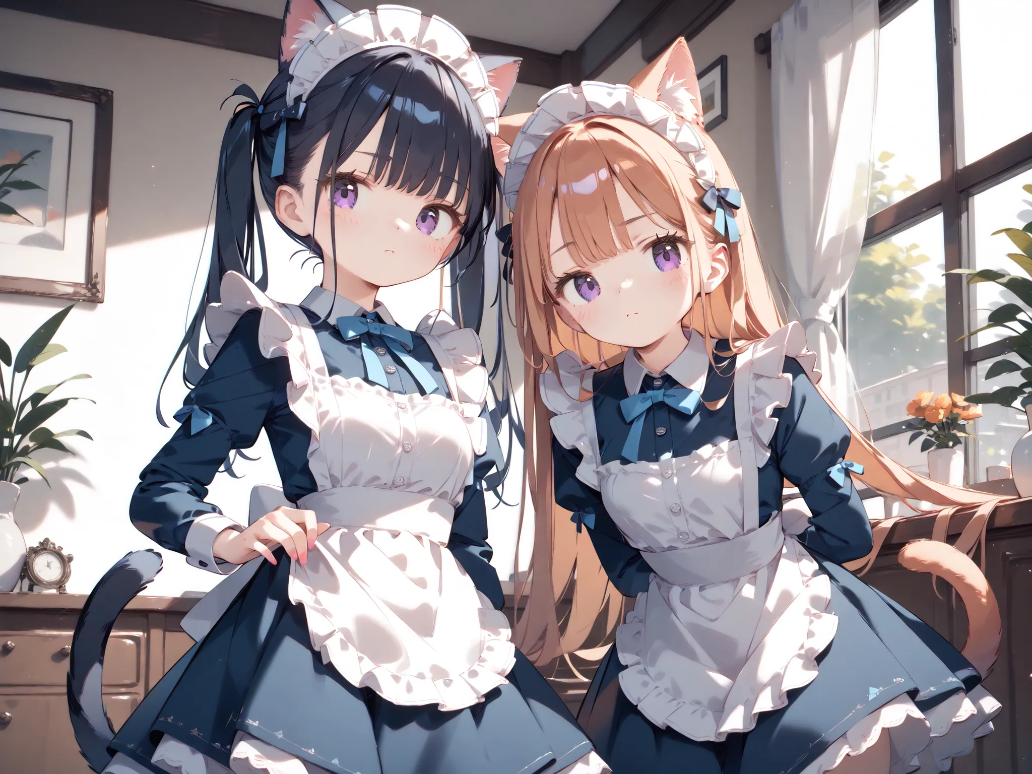 High Definition、high quality、8k、4k、 two girls、Two s、Juvenile body、Babyface、Cat ears、cat tail、 immature body、Maid Outfit、Embarrassing、, lori、 lori体形、young limbs 、10Year old、antique rooms、Interval、face to face、Two Staring at Each Other、Overlooking angle 、