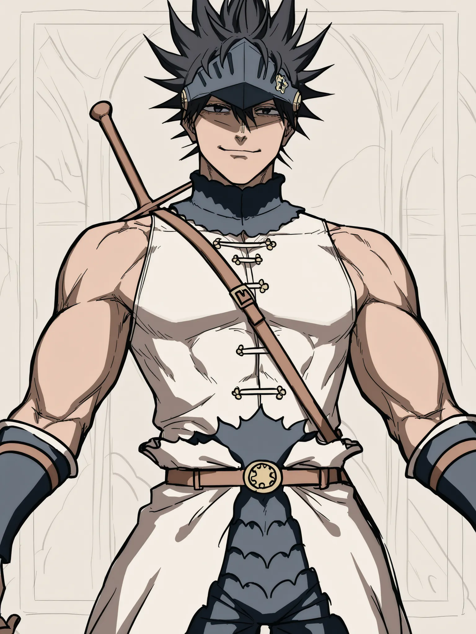 ((fantasy clothing)), ((sleeveless shirt)), ((dark skin)), ((shortsword on back)), ((black hair)), ((spiked hairstyle)), ((muscular arms)), ((knight visor)), ((cheerful expression)), ((in the artstyle of Black Clover)), ((mature male)), ((daytime backgroun...