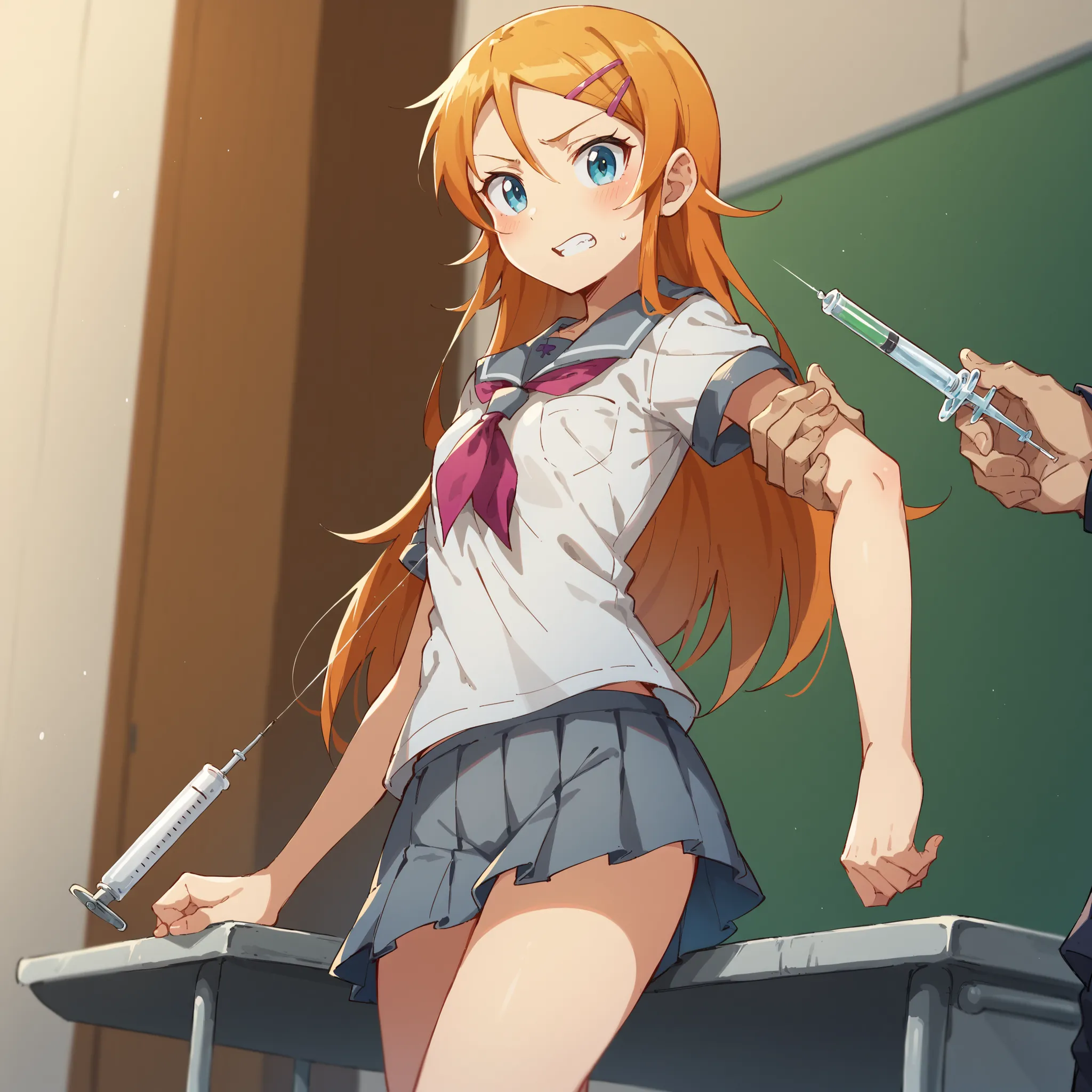 Lola:Takasaka_Quirino _Pony:1> Kosaka_Quirino  , orange hair , Long Hair , Blue Eyes , hair clip , Quirino _school , Chevrolet  , school uniform , white shirt , gray sailor color , short sleeve , neckerchief , Grey Skirt , pleated skirt ,,Grab the upper ar...