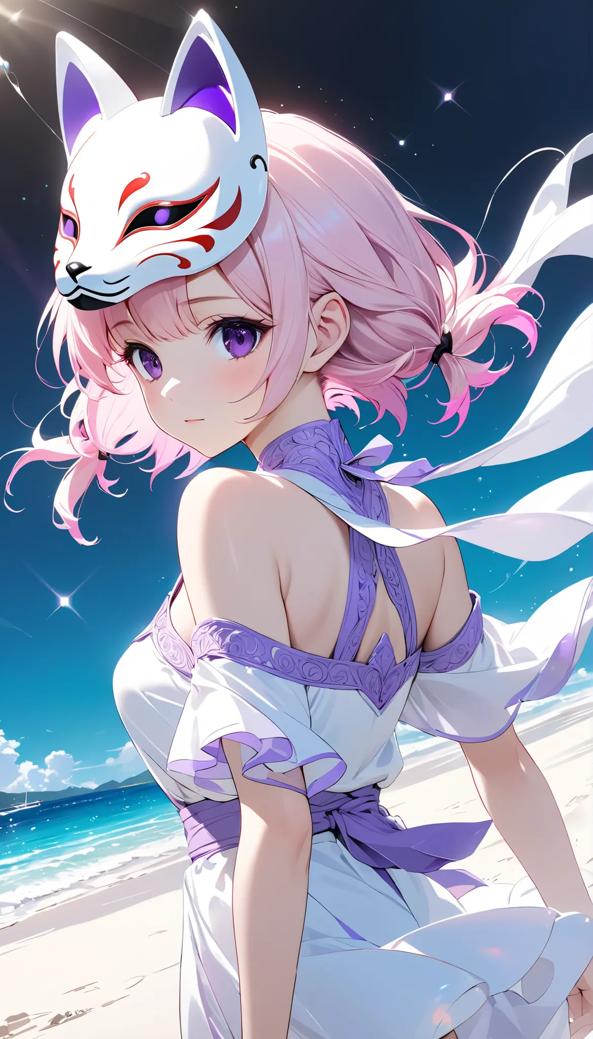 fox mask, Clear sea, white sand, horizon, masterpiece, best quality, super detailed, ((Detailed dark purple eyes)), highly detailed face, ((light pink short hair)), ((light pink hair)), ((low tied pigtails)), limited palette, Masterpiece, Best Quality, Mov...