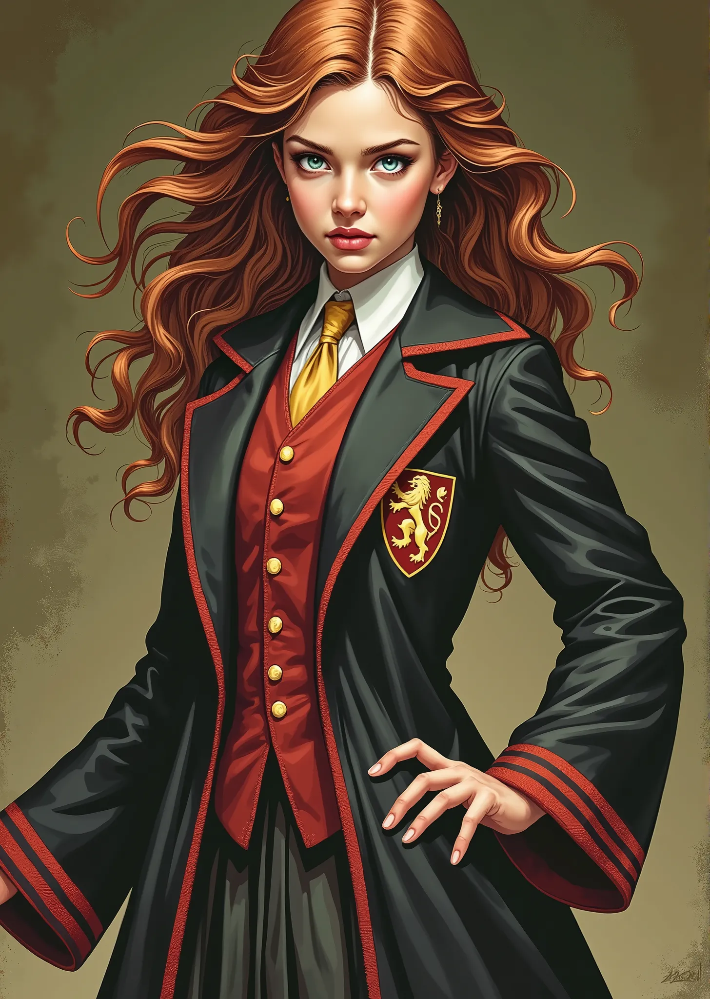 An extremely detailed comic book illustration of a Gryffindor Fifth-Year Student portrayed by a baby faced Sarah Gadon  with an expression that betrays that although she appears composed prim and proper she is inwardly malevolent with a predatory look wear...