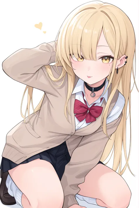 Gal、fine、kind、Long Hair、Blonde、Bangs are divided into 2 by a ratio of 4:1、hanging eyes、半袖のuniform、collar button open under the right eye、piercings、yellow eyes、1 small mole under the right eye、High School Girl、short skirt、loose socks、well-styled、 Slim、simpl...
