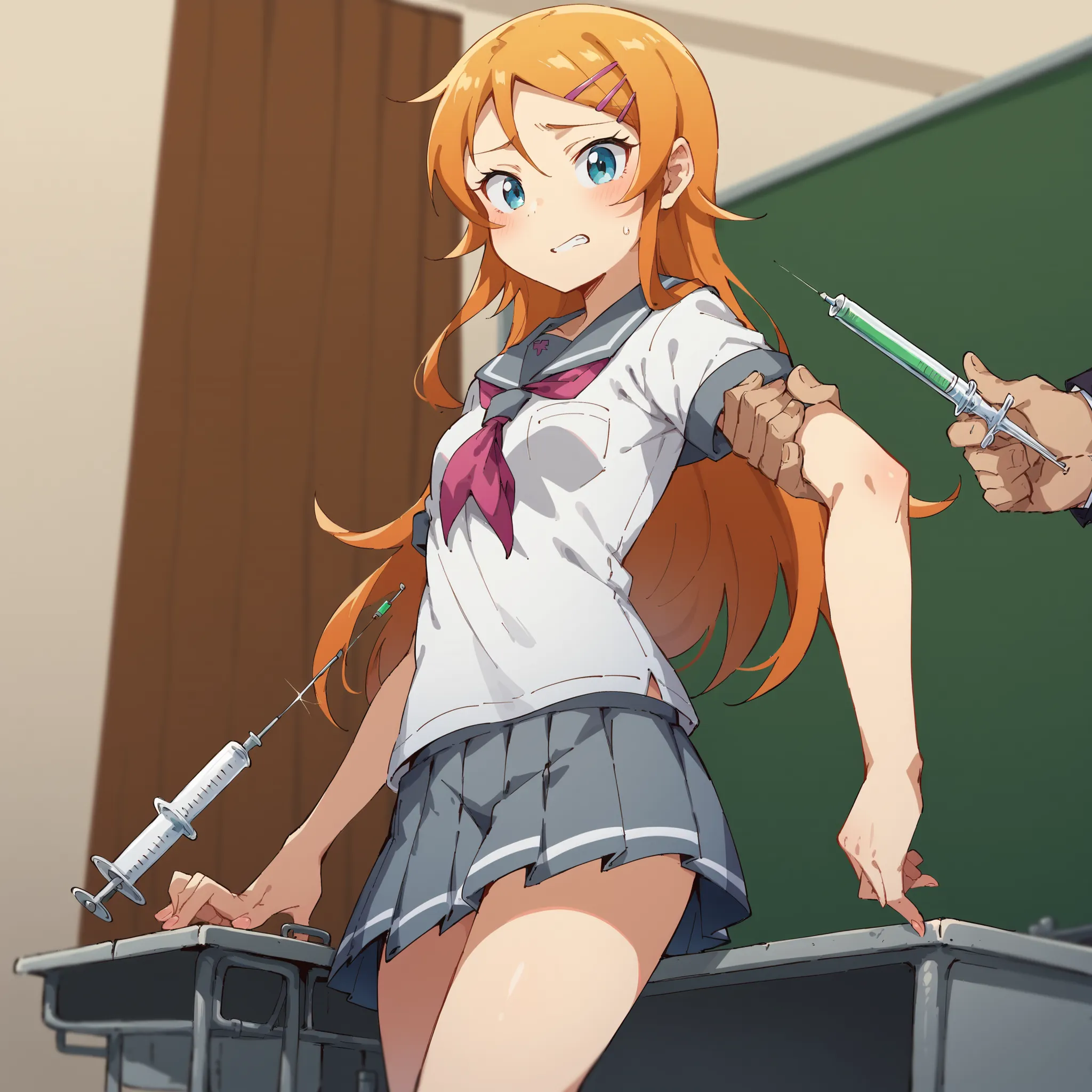 Lola:Takasaka_Quirino _Pony:1> Kosaka_Quirino  , orange hair , Long Hair , Blue Eyes , hair clip , Quirino _school , Chevrolet  , school uniform , white shirt , gray sailor color , short sleeve , neckerchief , Grey Skirt , pleated skirt ,,Grab the upper ar...