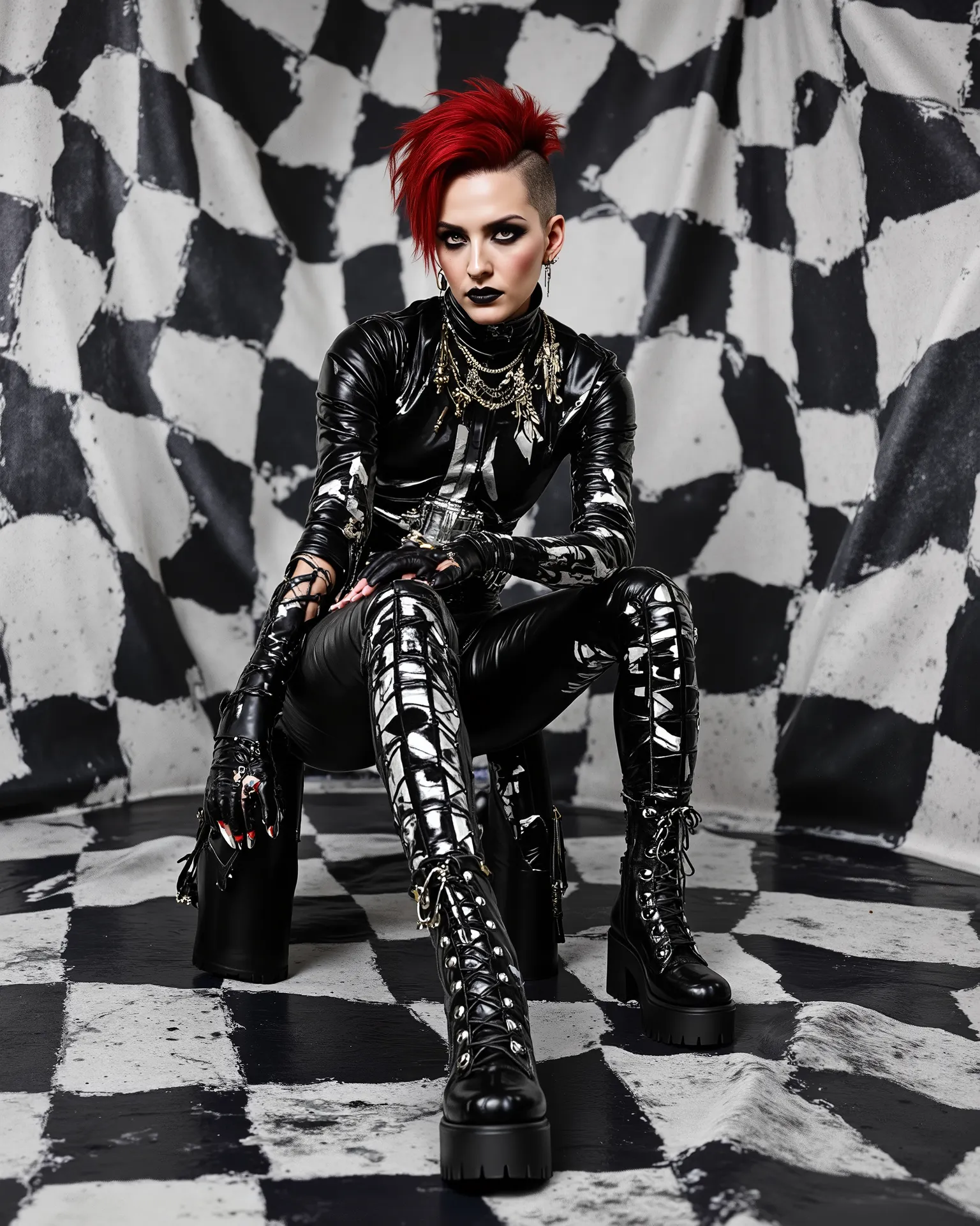 In an environment like a checkerboard A surreal work that represents a sinister Marilyn Manson, Nordic fashion model sitting.  The beautiful punk gothic metal woman wears black leather clothes and spikes with brutal platform boots that combine a minimalist...