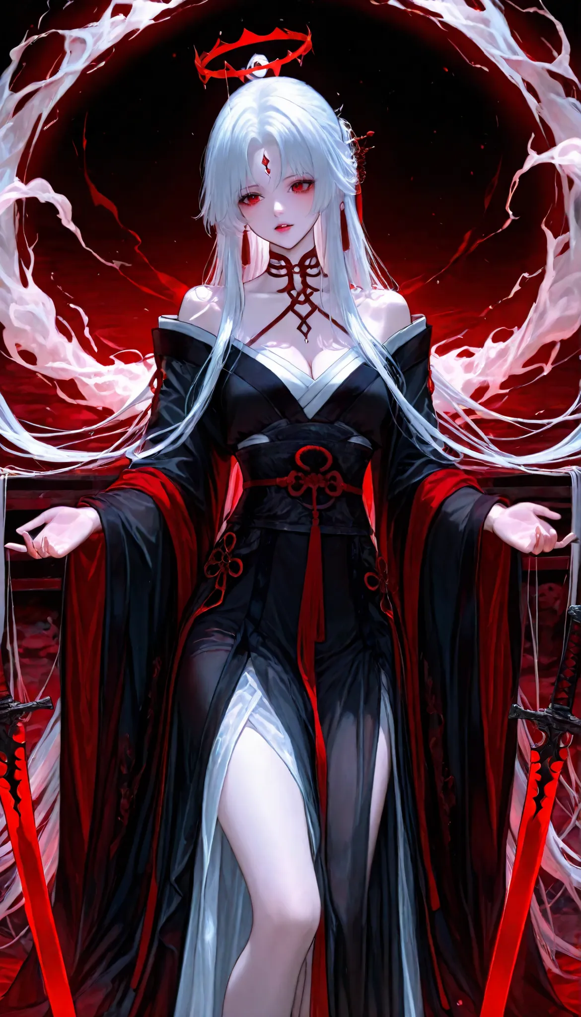 1 girl, white hair, red eyes, cool emotion, wearing a black long hanfu, There are long ribbon-like pieces of cloth wrapped and fluttering around the arms and around the hanfu, she is floating, aura halo behind her back, have red swords floating around her