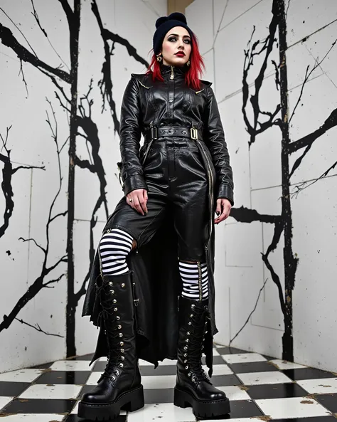 In an environment like a checkerboard A surreal work that represents a sinister Marilyn Manson, Beautiful 20-year-old Nordic fashion model.  The punk gothic metal woman wears black leather clothes and spikes with brutal platform boots that combine a minima...