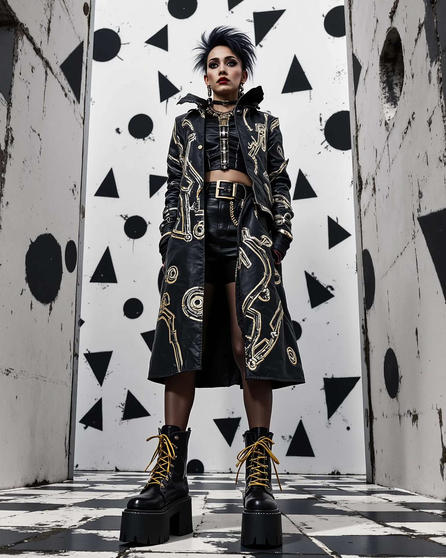In an environment like a checkerboard A surreal work that represents a sinister Marilyn Manson, Beautiful 20-year-old Nordic fashion model.  The punk gothic metal woman wears black leather clothes and spikes with brutal platform boots that combine a minima...