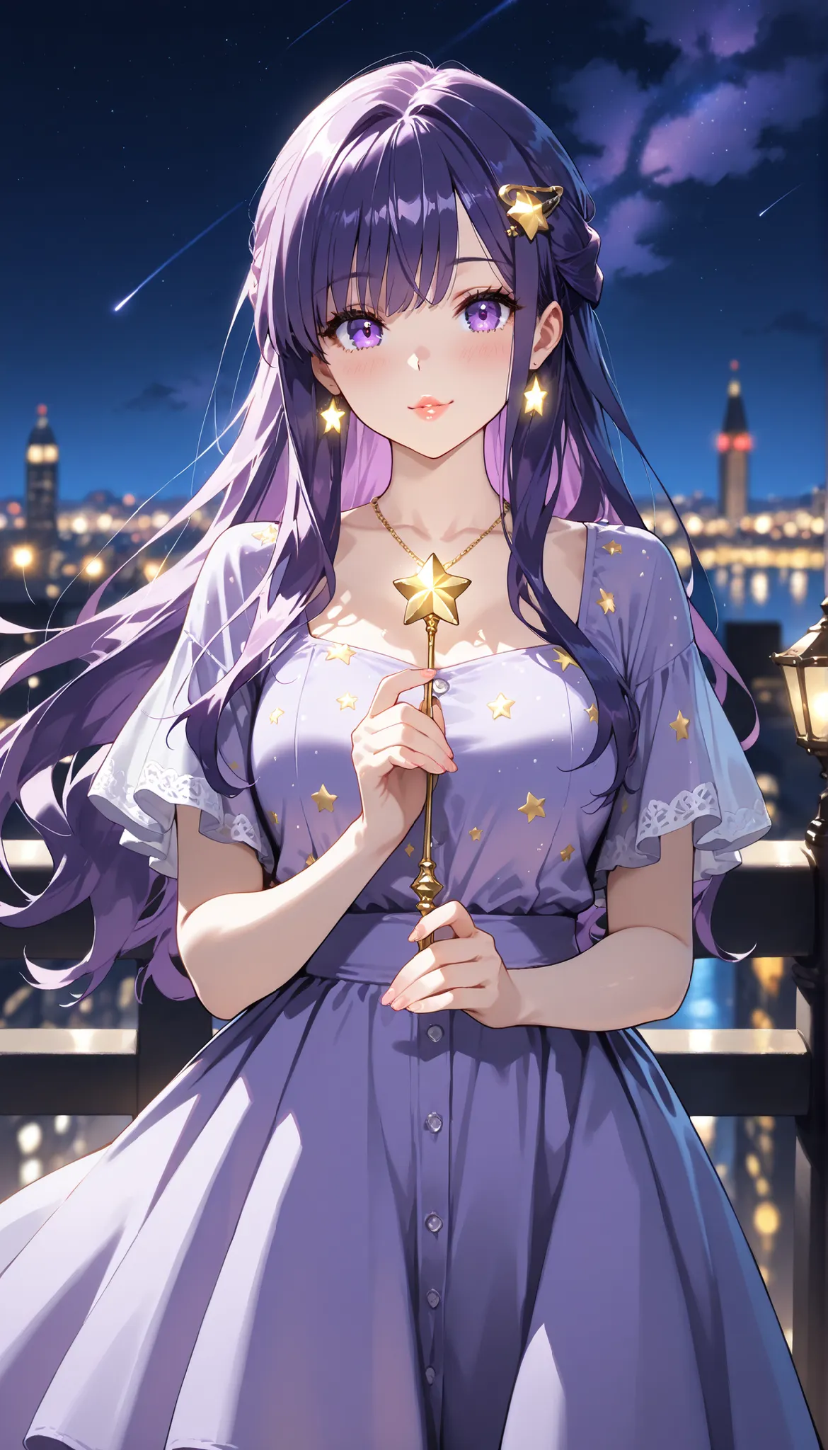 1girl,gleaming skin,Romantic gaze, purple eyes,eyelashes,lips gloss,long violet hair with starry half-up style, starry hairpin, deep violet locks, star-patterned blouse, soft purple skirt, star wand, starry earrings, golden star necklace, starry pumps, twilight cityscape with night sky and glowing streetlights.,(masterpiece), (best quality), (ultra-detailed), very aesthetic, newest,,depth of field,general,,,,