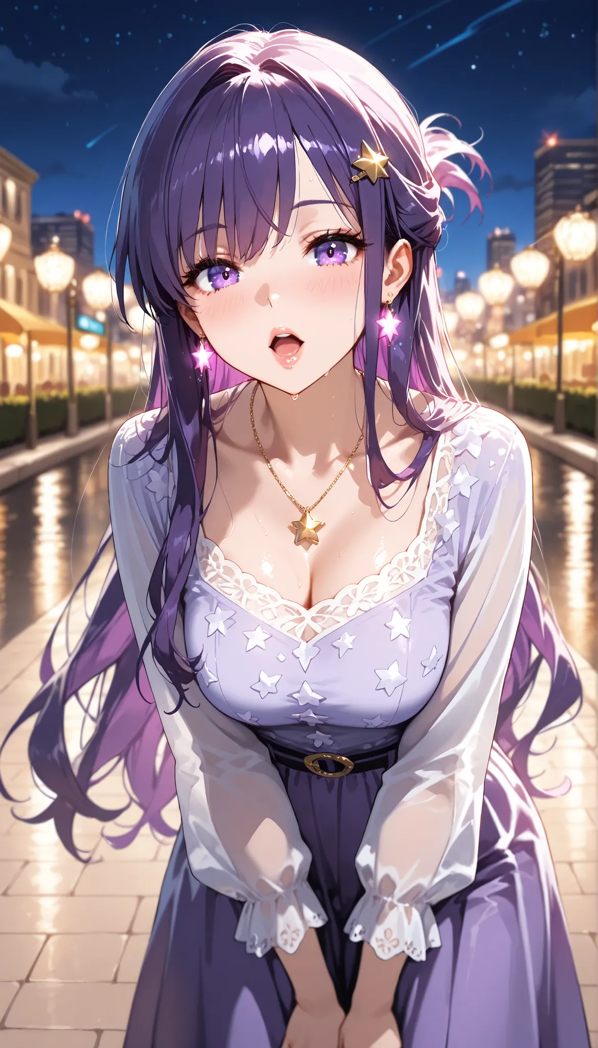 1girl,gleaming skin, natural face,half open mouth,purple eyes,eyelashes,lips gloss,long violet hair with starry half-up style, starry hairpin, deep violet locks, star-patterned blouse, soft purple skirt, starry earrings, golden star necklace, starry pumps, twilight cityscape with night sky and glowing streetlights.,(masterpiece), (best quality), (ultra-detailed), very aesthetic, newest,,depth of field,general,,,,
