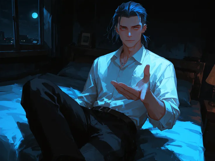 upper shot, dutch angle, looking at viewer, makes an aesthetic, Master piece, Best Quality, ultra detailed, a handsome man, (man:1.6), solo, male short Hair, dark blue hair, male slicked back hair, male low pony-tail, squinting, light smiling, male beautif...