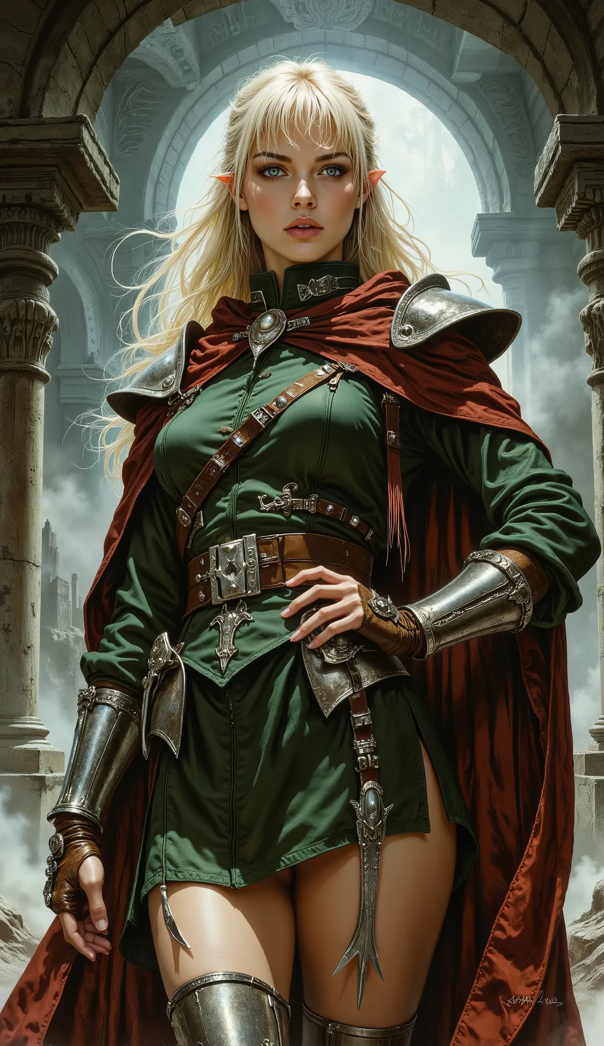 1970s fantasy film still, ((masterpiece)), ((best quality)), ((ultra-detailed)), cinematic lighting, dramatic low-angle shot. A young imperial female military officer, ((platinum blonde long hair with choppy bangs)), arched crescent eyebrows, sharp piercin...