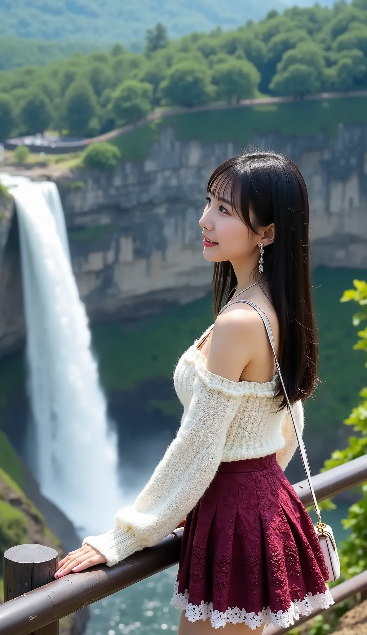 ((full body shot:1.5))、(A petite young Japanese woman touring a mountain tourist spot)、A waterfall with a long, narrow drop surrounded by forest in the background、It is crowded with many tourists、A woman grasping a fall prevention fence and looking at the ...
