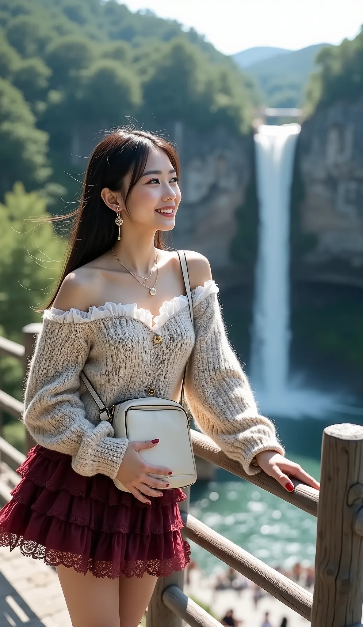 ((full body shot:1.5))、(A petite young Japanese woman touring a mountain tourist spot)、A waterfall with a long, narrow drop surrounded by forest in the background、It is crowded with many tourists、A woman grasping a fall prevention fence and looking at the ...