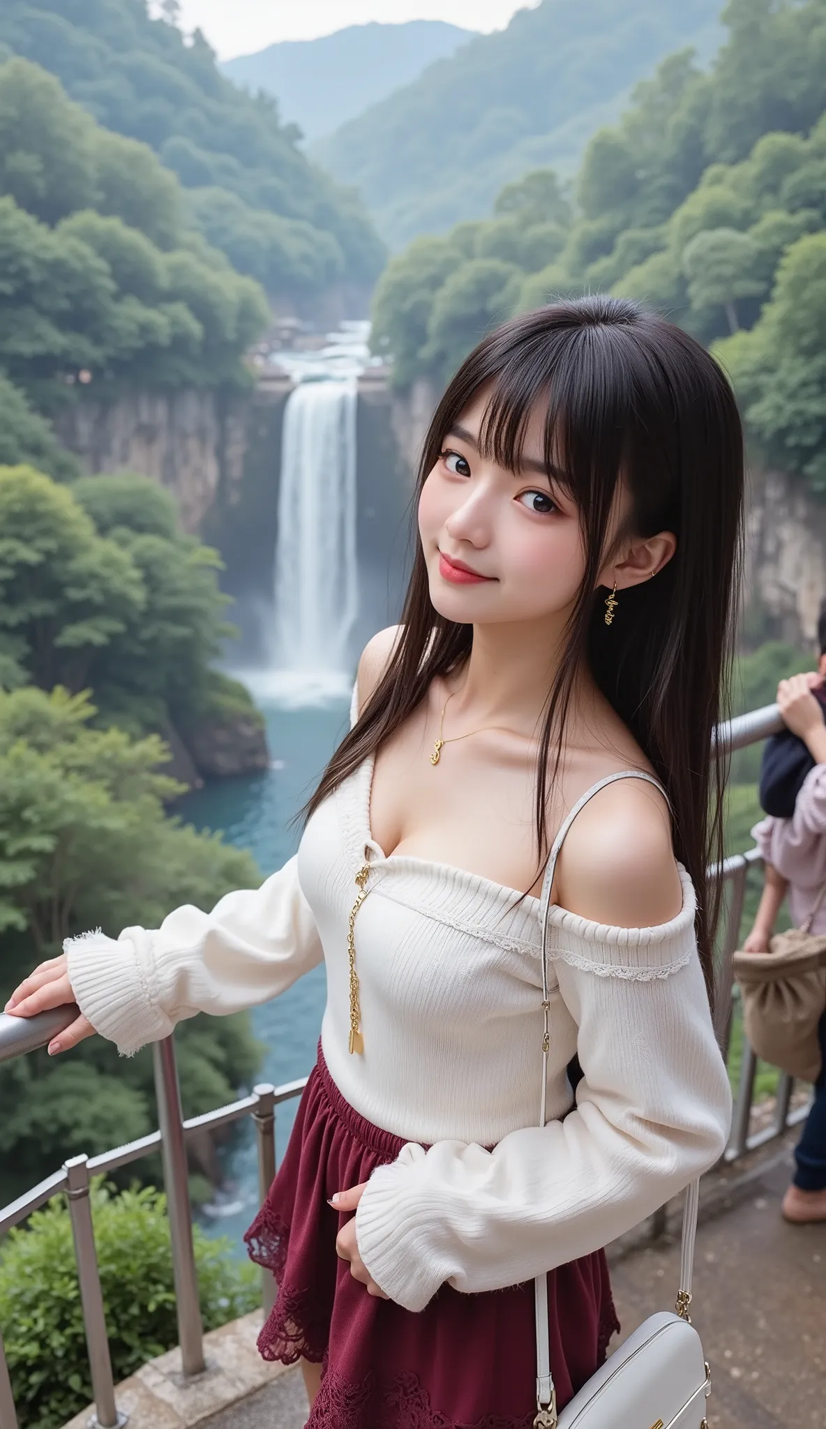 ((full body shot:1.5))、(A petite young Japanese woman touring a mountain tourist spot)、A waterfall with a long, narrow drop surrounded by forest in the background、It is crowded with many tourists、A woman grasping a fall prevention fence and looking at the ...
