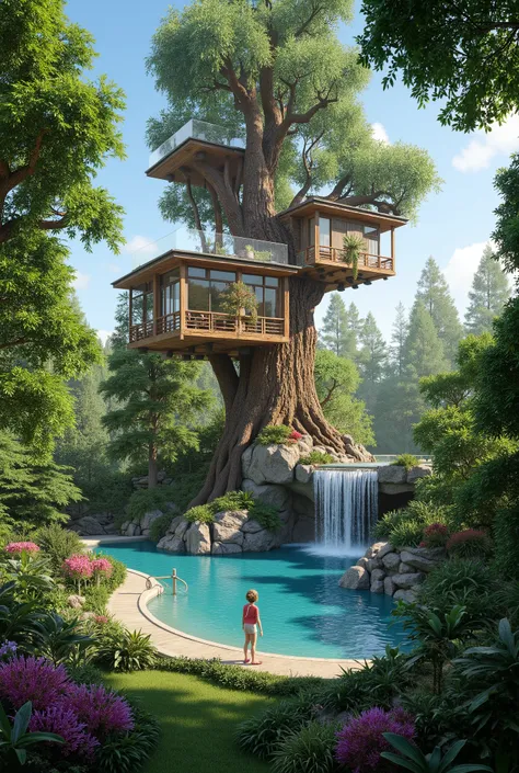 (treehouse:1.5),(巨木のレッドウッドの上にある巨大treehouse:1.5),(treehouse:1.5),(a modern 3-storey mansion with huge trees:1.5)、There's a gorgeous pool、(a waterfall cascading down from natural bedrock:1.5)、a girl is standing、(巨木のレッドウッドの上にある巨大treehouse:1.5)