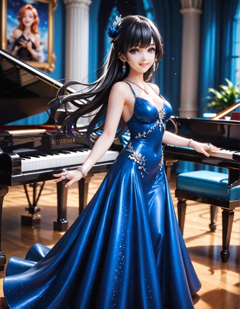 (((Best quality, 8k, Masterpiece: 1.3)), ((best quality)), ((masterpiece)), (detailed), perfect face, perfect body, (detailed skin:1.3), (intricate details), pianist, Blue evening dress, background (grand piano), standing by the piano and smiling, Long bla...
