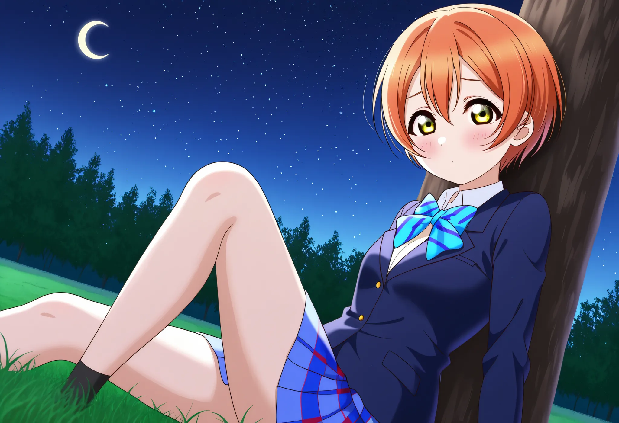 1girl, hoshizora rin, striped, short hair, blush, otonokizaka school uniform, lovelive_rin black blazer, blue plaid skirt, blue stripe bowtie, orange hair, very short hair, hair between eyes, yellow green eyes,knee up,crescent moon, stars (sky),looking at ...