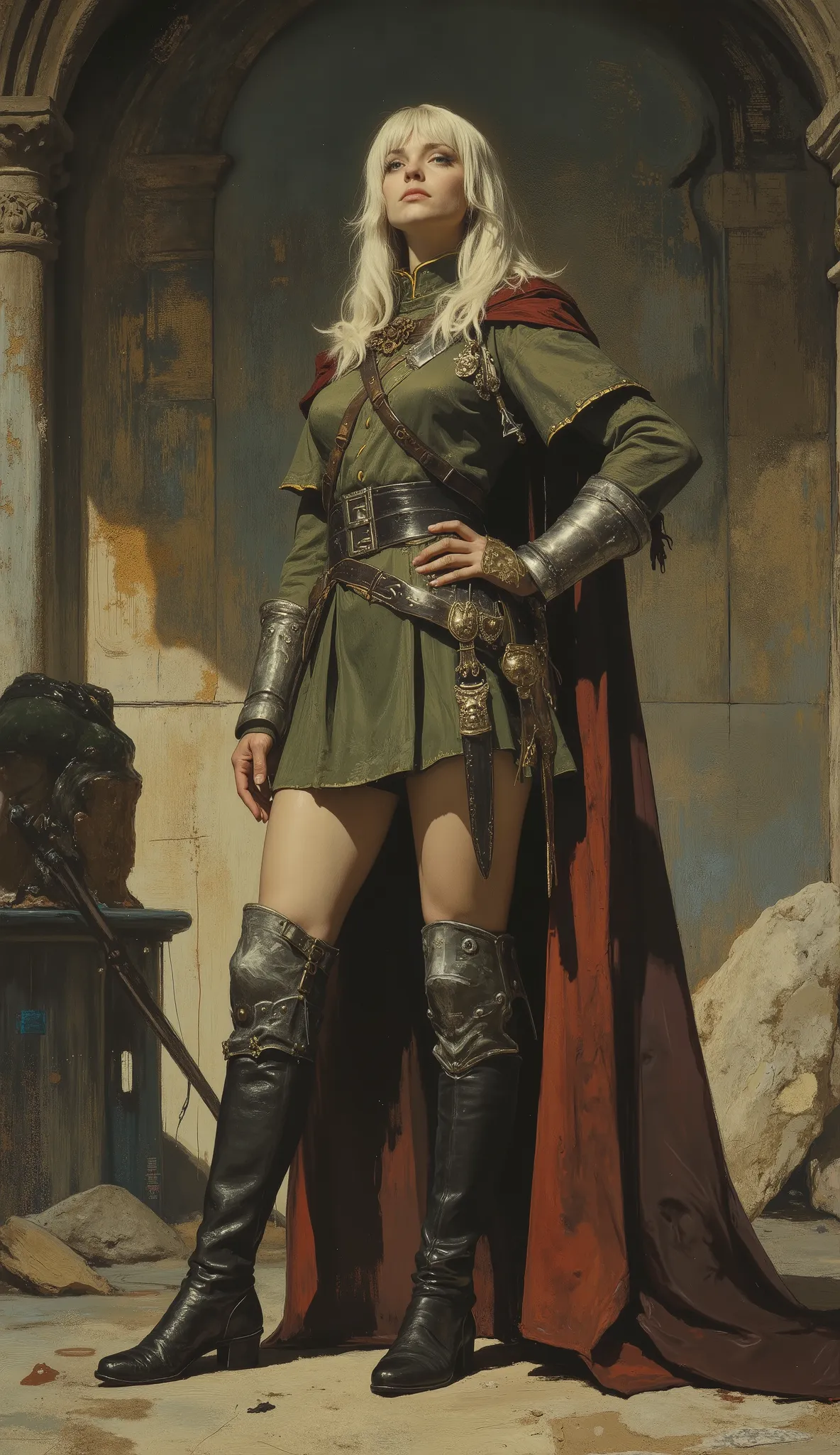 1970s fantasy film still, ((masterpiece)), ((best quality)), ((ultra-detailed)), cinematic lighting, dramatic low-angle shot. A young imperial female military officer, ((platinum blonde long hair with choppy bangs)), arched crescent eyebrows, sharp piercin...