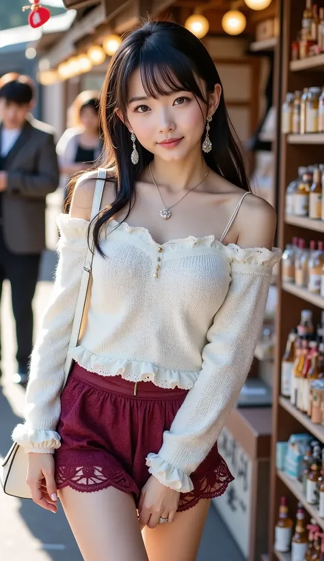 ((full body shot:1.5))、(A petite young Japanese woman touring a mountain tourist spot)、shopping at a small souvenir shop in a tourist area、tourists、A woman choosing souvenirs from tourist spots、((dating))、morning、big smiles、((white off-shoulder knitted swe...
