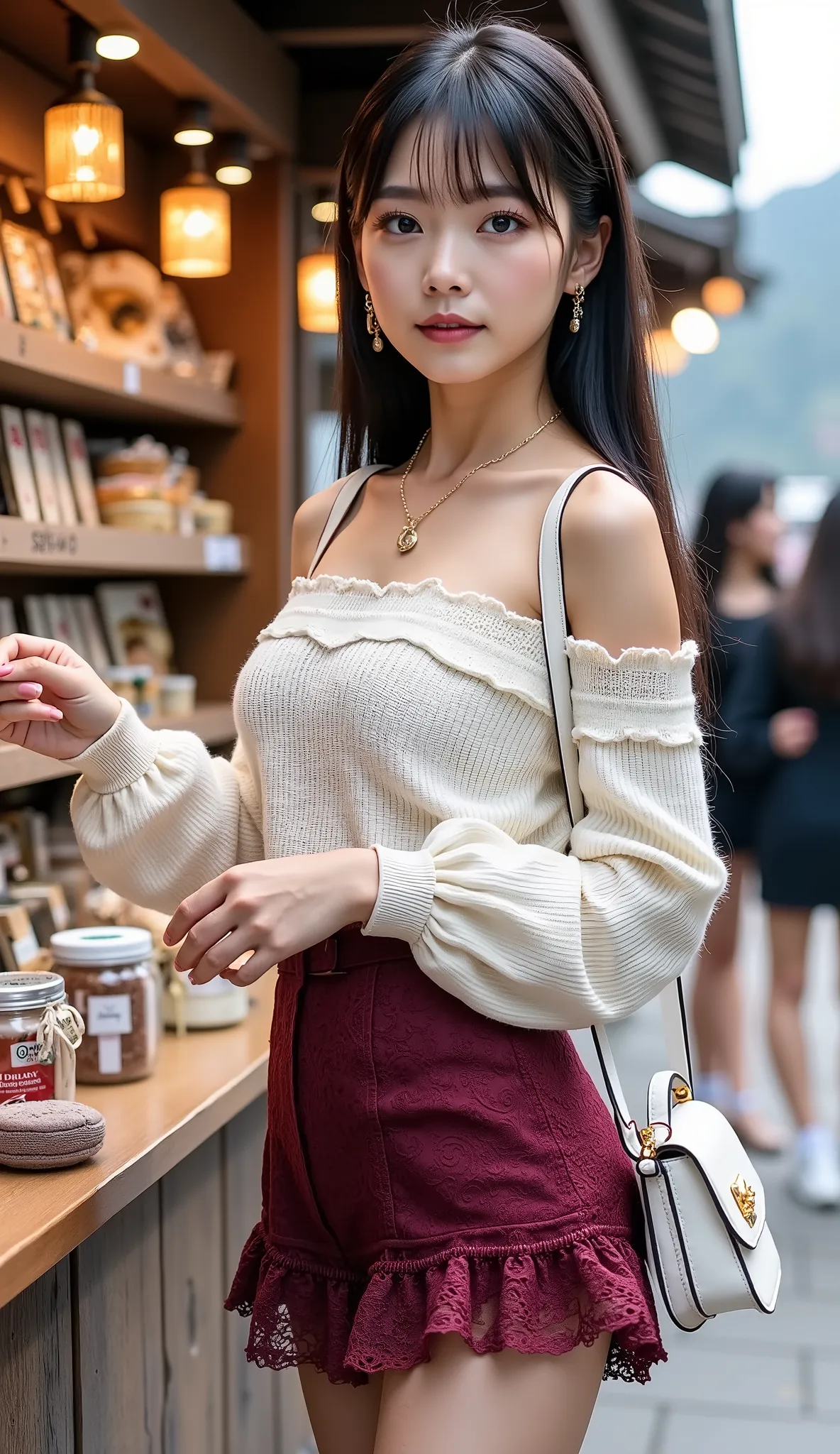 ((full body shot:1.5))、(A petite young Japanese woman touring a mountain tourist spot)、shopping at a small souvenir shop in a tourist area、tourists、A woman choosing souvenirs from tourist spots、((dating))、morning、Side face picking products on the shelf、((w...