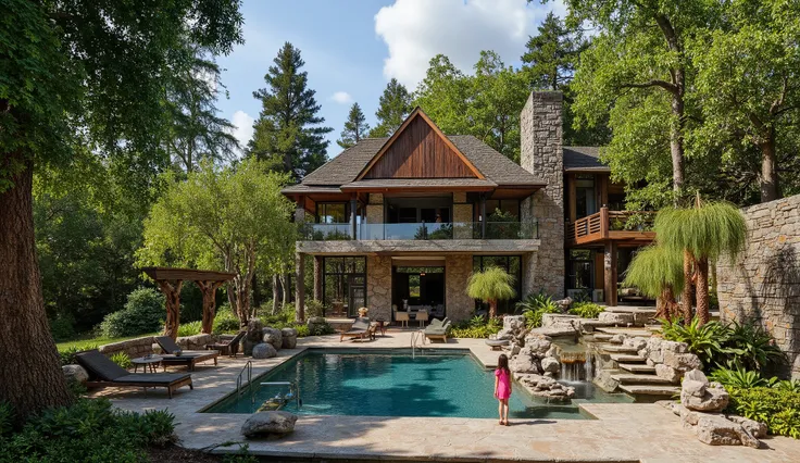 (巨大なtreehouseと豪邸ビルの融合:1.5),(巨木のレッドウッドの上にある巨大treehouse:1.5),(treehouse:1.5),(Modern 3-storey mansion standing on a giant tree:1.5)、There is a luxurious pool、(A waterfall cascades down from natural bedrock:1.5)、A girl is standing、(巨木のレッドウッドの上にある巨大treehouse:1...