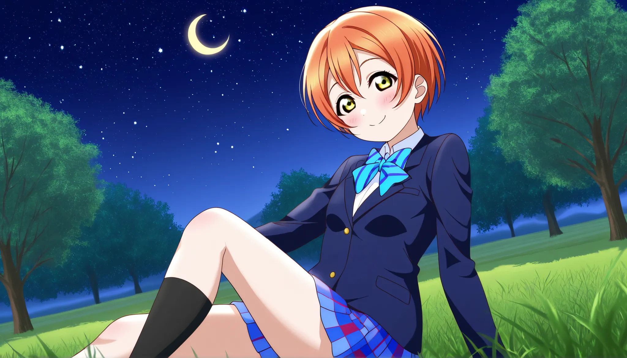 1girl, hoshizora rin, striped, short hair, blush, otonokizaka school uniform, lovelive_rin black blazer, blue plaid skirt, blue stripe bowtie, orange hair, very short hair, hair between eyes, yellow green eyes,knee up,crescent moon, stars (sky),looking at ...