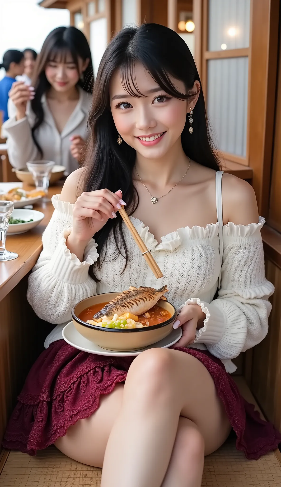 ((full body shot:1.5))、(A petite young Japanese woman touring a mountain tourist spot)、lunch at a small cafeteria in a tourist area、tourists、A woman sitting sideways on tatami mats inside the store、wooden low table、grilled fish dish on the table、eating gri...