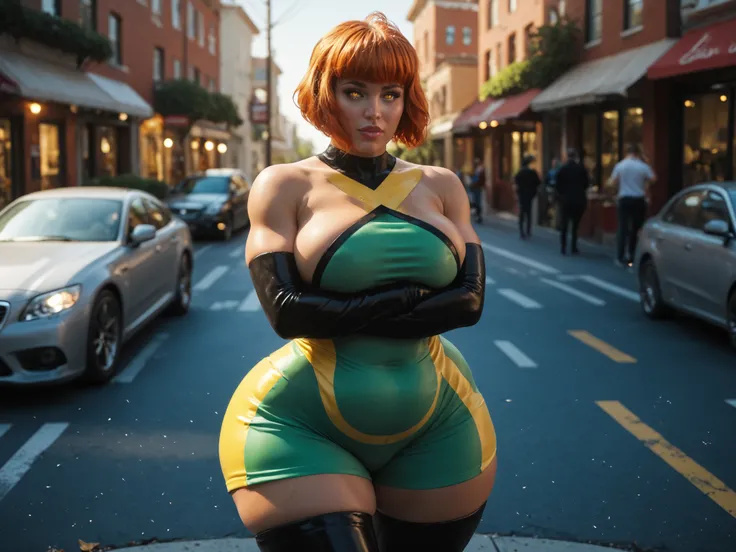 JeanGrey, green black and yellow bodysuit,  black elbow gloves, thigh highs, at the parking, orange dreamy and sparkling eyes, Huge lips, very short ginger hair, very shortcut hair, bimbo, muscles: 0.4, curve-hugging outfit, big sagging breasts, fat , larg...