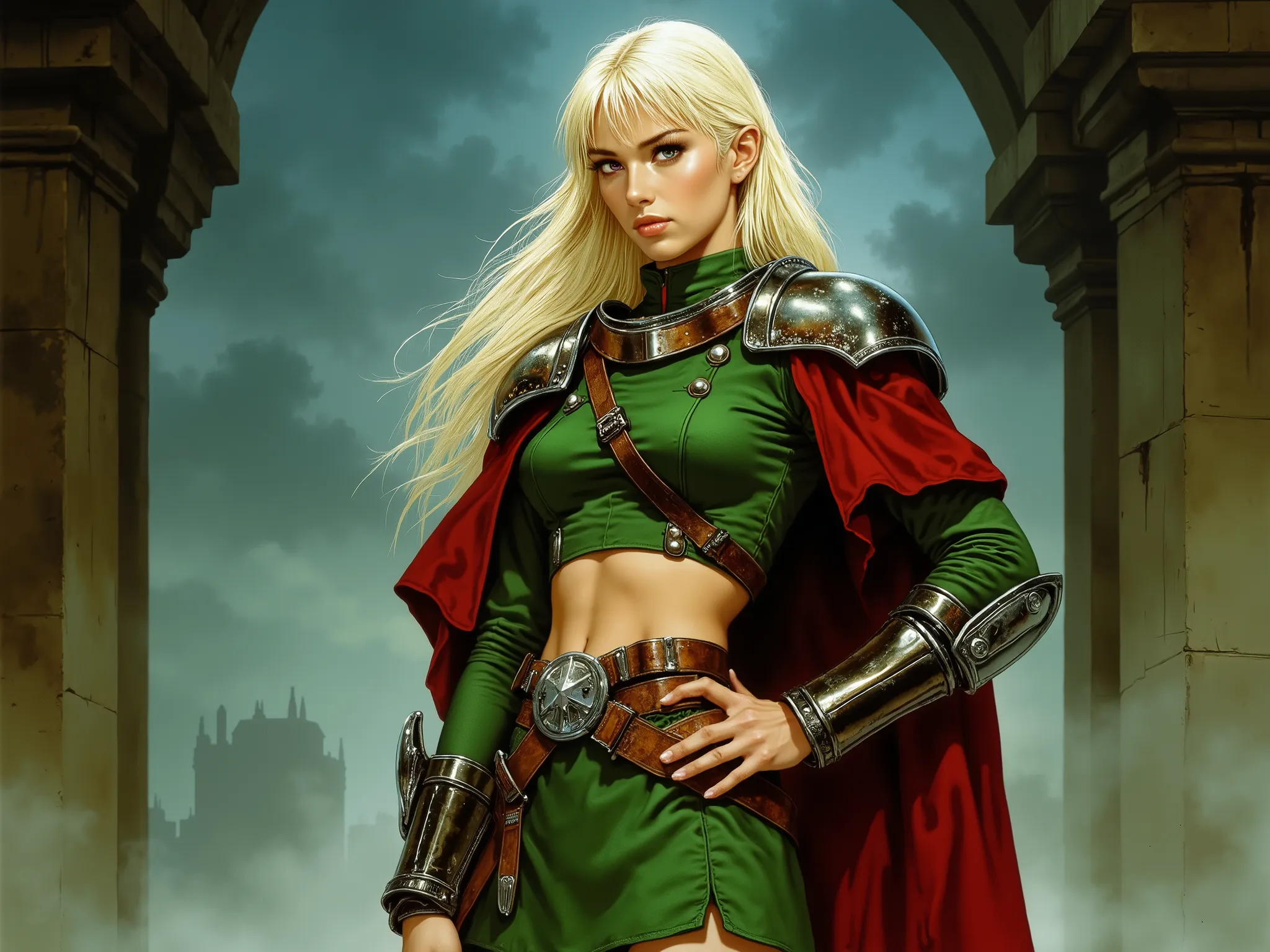 1970s fantasy film still, ((masterpiece)), ((best quality)), ((ultra-detailed)), cinematic lighting, dramatic low-angle shot. A young imperial female military officer, ((platinum blonde long hair with choppy bangs)), arched crescent eyebrows, sharp piercin...
