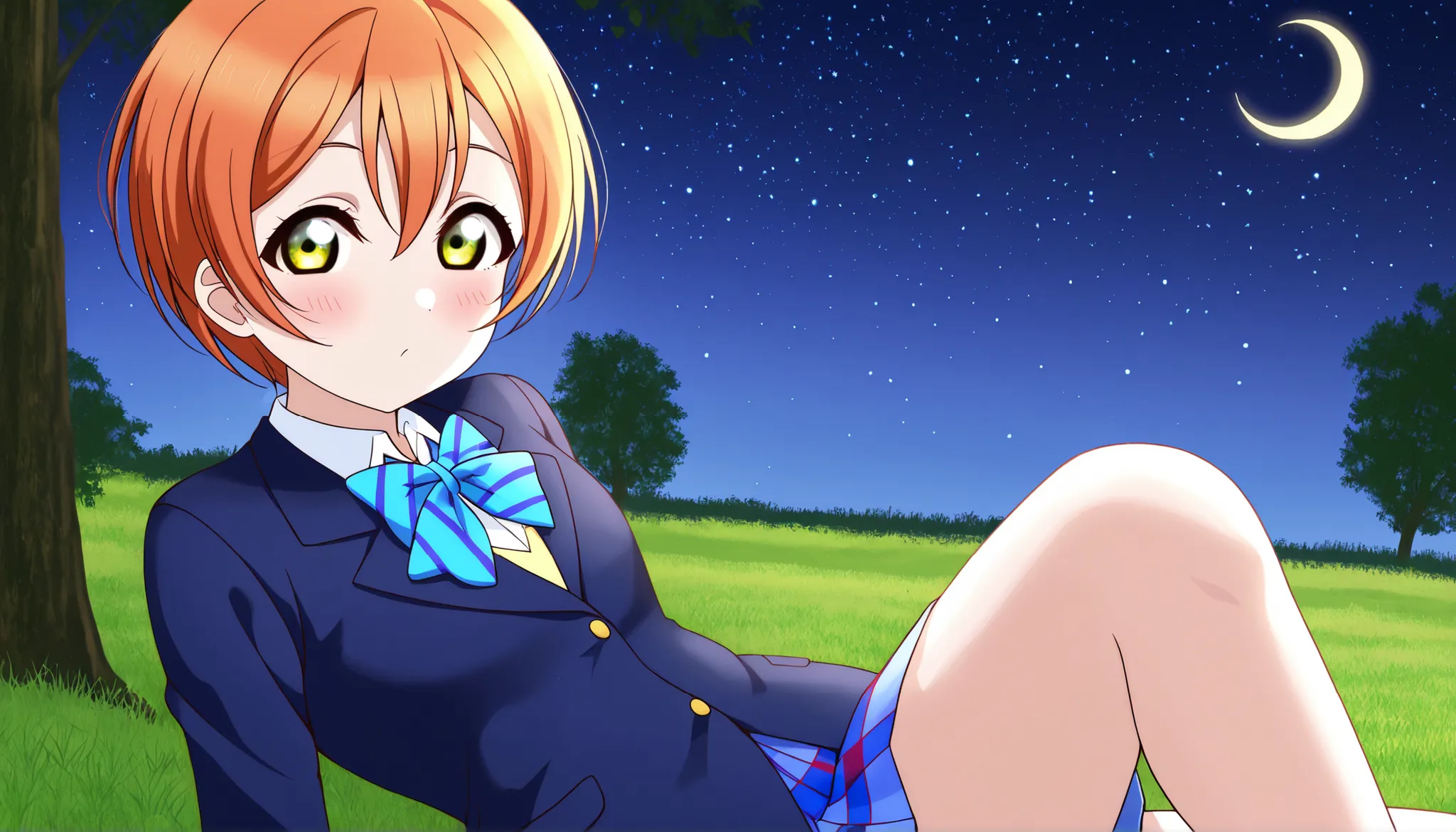 1girl, hoshizora rin, striped, short hair, blush, otonokizaka school uniform, lovelive_rin black blazer, blue plaid skirt, blue stripe bowtie, orange hair, very short hair, hair between eyes, yellow green eyes,knee up,crescent moon, stars (sky),looking at ...