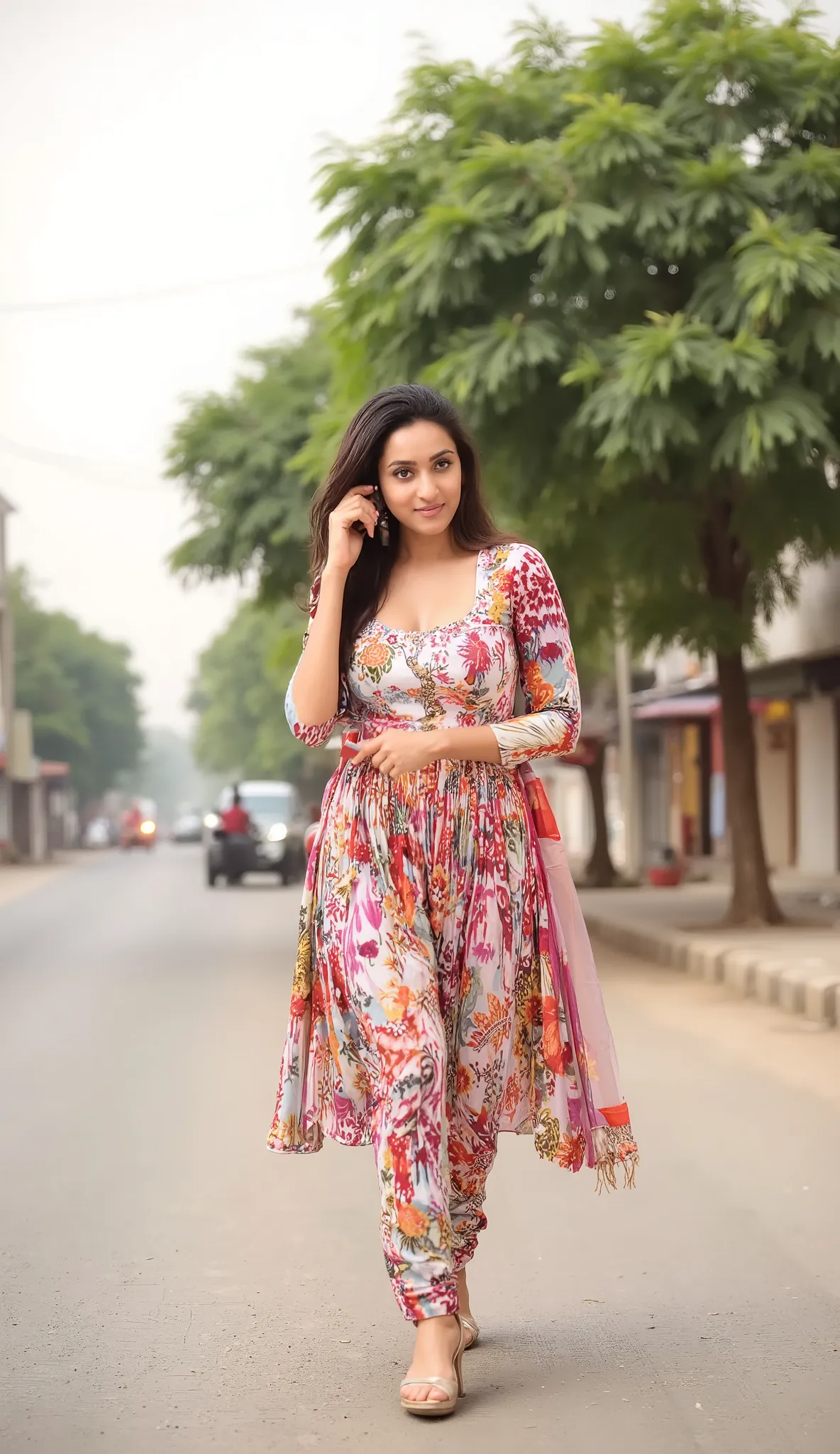 A confident Indian woman walking on a city road. She is dressed in a colorful salwar with fitted leggings and a matching pallu (dupatta) elegantly draped over one shoulder. She holds a mobile phone in one hand, either texting or on a call. Her expression i...