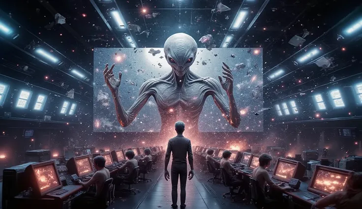 A tall, grey alien (Mr Grey type) violently emerging from a massive high-tech screen in a NASA control room — its upper body already breaching reality, long thin fingers stretching toward the viewer, eyes glowing with data streams. The lower body glitches ...