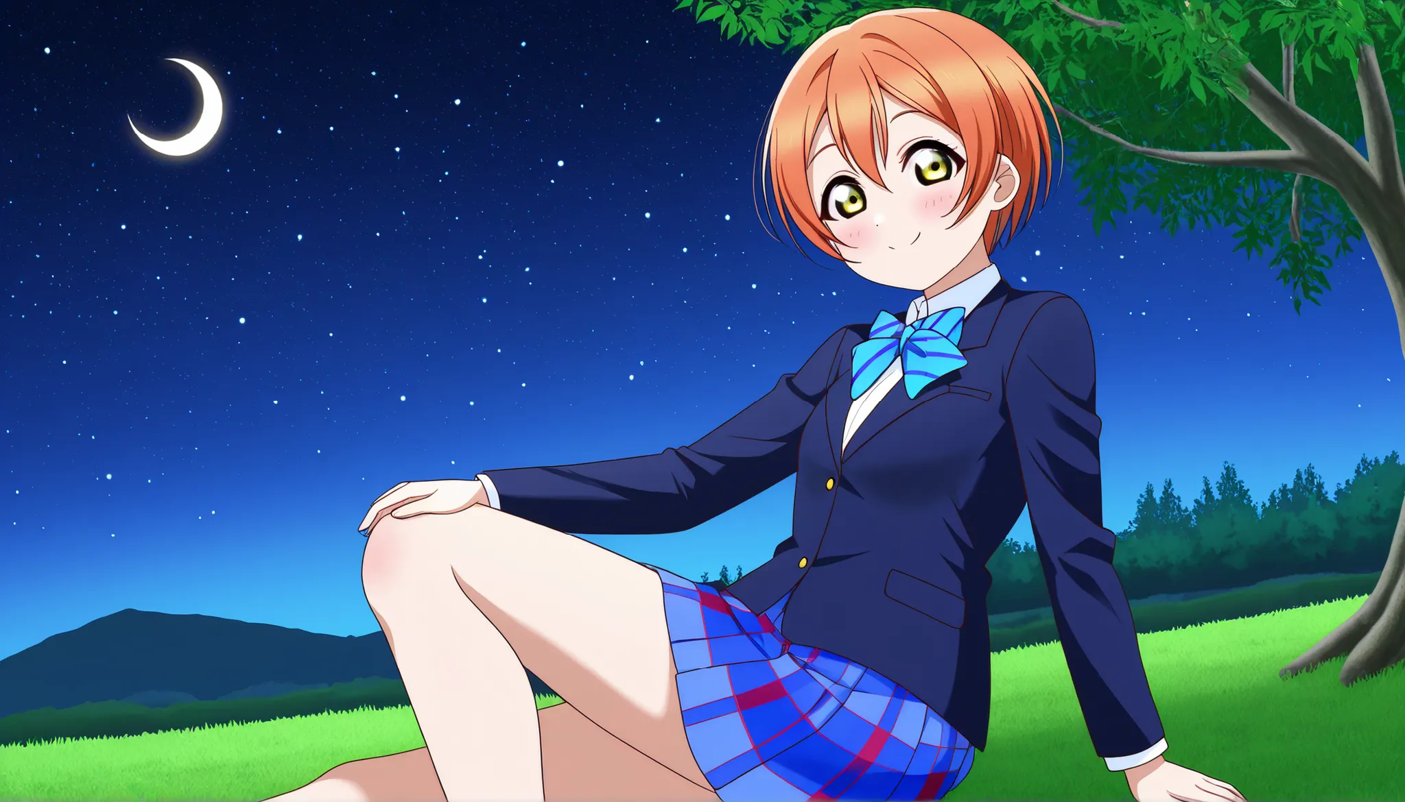 1girl, hoshizora rin, striped, short hair, blush, otonokizaka school uniform, lovelive_rin black blazer, blue plaid skirt, blue stripe bowtie, orange hair, very short hair, hair between eyes, yellow green eyes,knee up,crescent moon, stars (sky),looking at ...