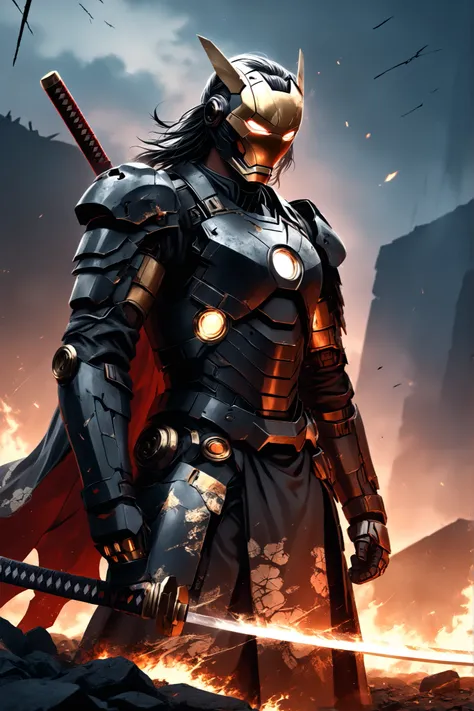 ((EXTREME QUALITY)), ((RAW Ultra 4K)), ((Masterpiece)), ((Ultra Cinematic)), ((High Detail)), ((HDR lighting)), ((film grain)), ((digital painting style)), ((moody atmosphere)), ((soft depth of field)), ((dynamic hip-up angle))

A heavily battle-worn Ronin...