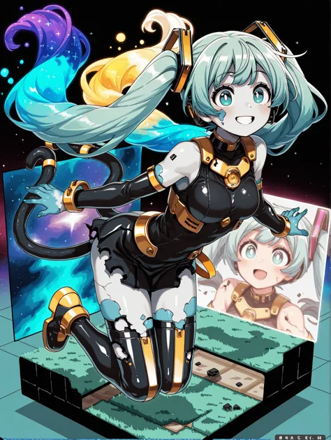 (masterpiece、最高Quality、最高Quality、official art、Beautiful Beautiful:1.2),Hatsune Miku、beautiful breasts、light green twin tails、(pixels wide),(Isometric View:1.4),#Quality(8k,best Quality, masterpiece),solo, #1girl(cute, cute, Little s ,Smile,Floating Hair,Co...