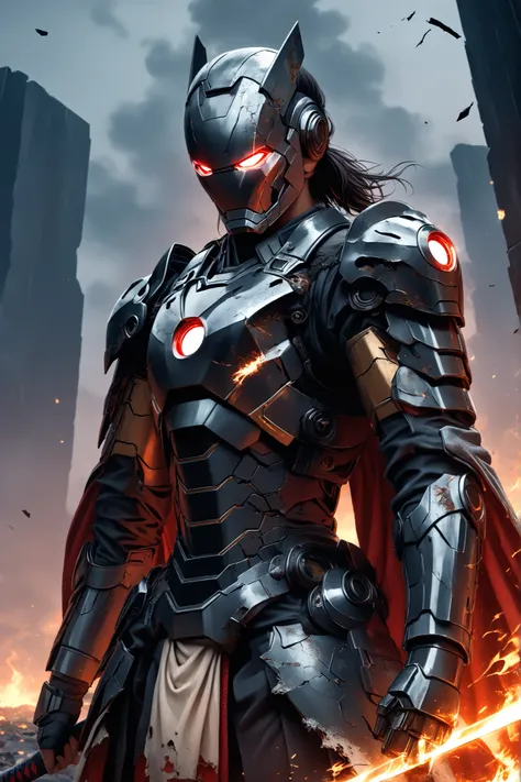 ((EXTREME QUALITY)), ((RAW Ultra 4K)), ((Masterpiece)), ((Ultra Cinematic)), ((High Detail)), ((HDR lighting)), ((film grain)), ((digital painting style)), ((moody atmosphere)), ((soft depth of field)), ((dynamic hip-up angle))

A heavily battle-worn Ronin...