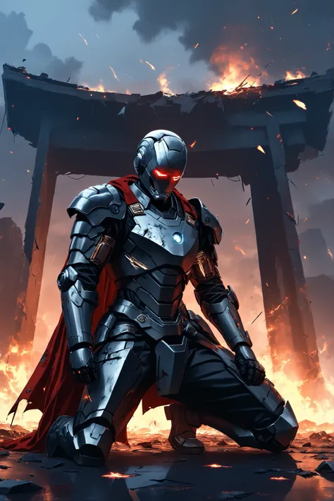 ((EXTREME QUALITY)), ((RAW Ultra 4K)), ((Masterpiece)), ((Ultra Cinematic)), ((High Detail)), ((digital painting style)), ((moody atmospheric lighting)), ((soft depth of field)), ((film grain))

A battle-wrecked Ronin Iron Man, kneeling on one knee in the ...