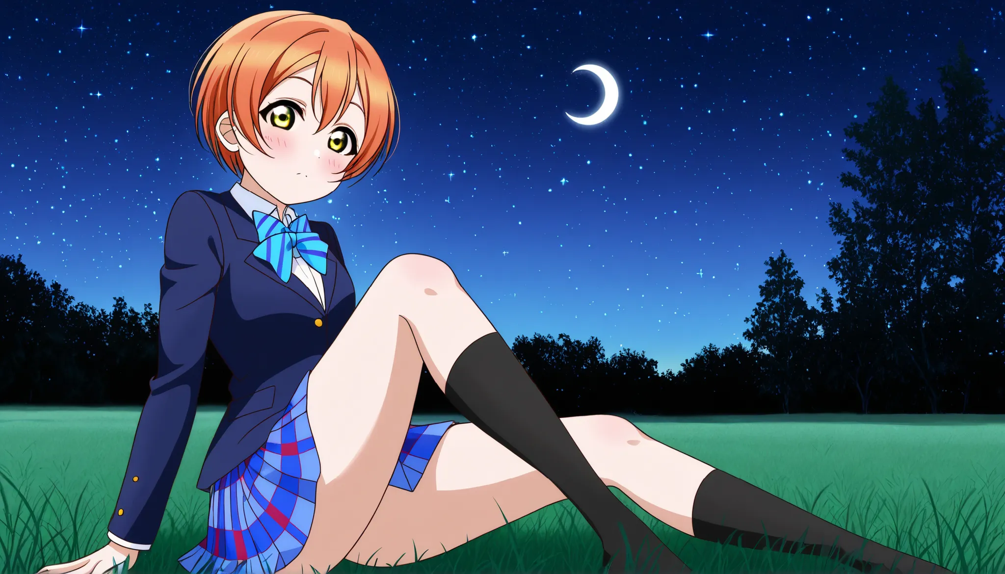 1girl, hoshizora rin, striped, short hair, blush, otonokizaka school uniform, lovelive_rin black blazer, blue plaid skirt, blue stripe bowtie, orange hair, very short hair, hair between eyes, yellow green eyes,knee up,crescent moon, stars (sky),looking at ...