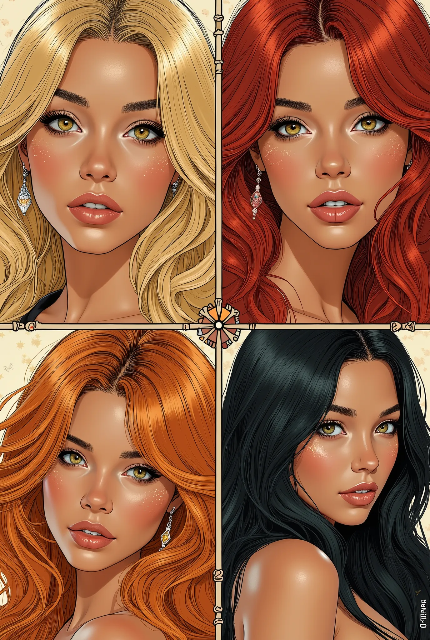 (Masterpiece), (Hyperdetailed), (hyperrealistic), 4k, 8K, 16K, comic style, comic strips, draws a succession of four vignettes showing a half-bust size woman with different hair colors, pretty beautiful girl, sensual, sexy, very cute comic character, comic...