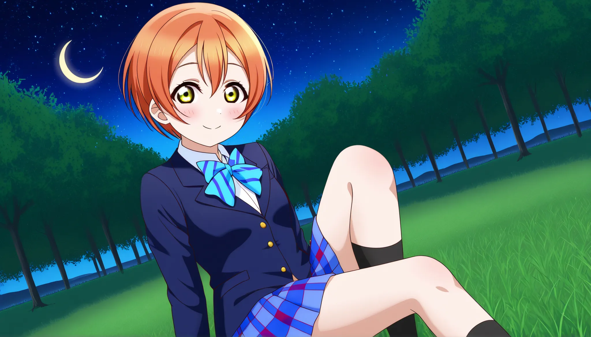 1girl, hoshizora rin, striped, short hair, blush, otonokizaka school uniform, lovelive_rin black blazer, blue plaid skirt, blue stripe bowtie, orange hair, very short hair, hair between eyes, yellow green eyes,knee up,crescent moon, stars (sky),looking at ...