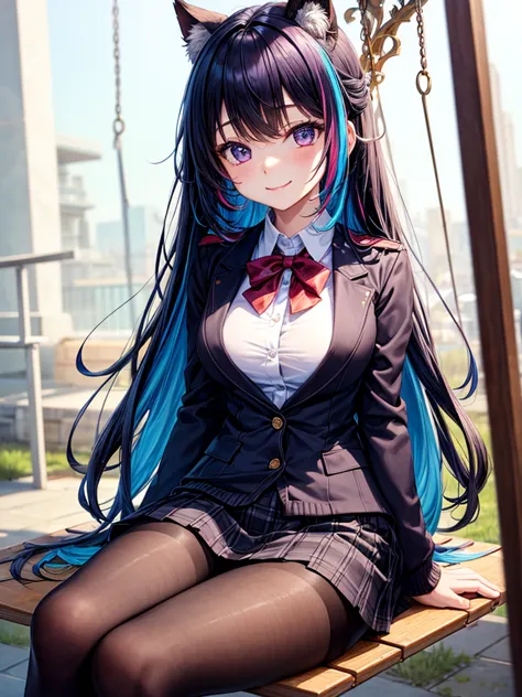 Female middle school student,Smiling,beautiful女の子,ＳＦGirls of the World，Space Girl，with hair hanging over the ear，too beautiful, I'm sitting on a park swing , fur jacket,SFblazer,Ribbon on uniform,fashionable,blazer,super cute beautiful girl watching her legs,infinite fashion，Future，cardigan,進化したcardigan，Long Hair,異世界Coordination， New Fashion ，Long Hair,新しいblazer,multicoloredな髪色，horny girl,best quality，Shinsekai Tights ， lace clothes，facing the front，Future，Full Body Shot，Coordination，New beautiful girl，thin legs，multicoloredな髪色，Perfect Girl，super cute beautiful girl watching her legs，Futureの制服、sparkling eyes，I'm pulling my bangs down，multicolored，Ultra High Definition,purple eyes,Horny Girl，full body image，big ，Beautiful Girl&#39;s Paradise，fashion girl，Horny Girl，Beautiful Girl Country，High-dimensional beautiful girl， Pretty Girl Who Transcends Everything ，too beautiful，absurd，beautiful，