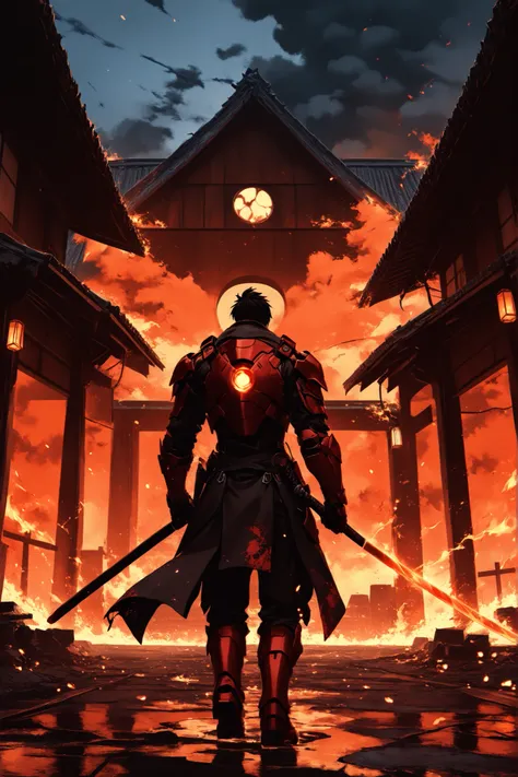 ((EXTREME QUALITY)), ((RAW Ultra 4K)), ((Masterpiece)), ((Ultra Cinematic)), ((High Detail)), ((digital painting style)), ((film grain)), ((moody red-orange lighting)), ((soft depth of field))

A dark and vengeful Ronin Iron Man walking slowly away from a ...